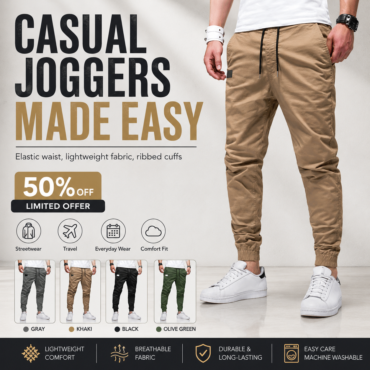 👖 50% OFF NOW! 🏃 Men's Casual Joggers – Drawstring Elastic Waist, Slim Fit & High Stretch – Perfect for All Seasons 🌧️