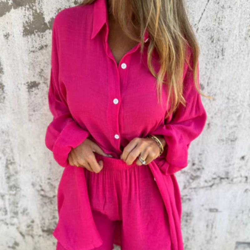 ✨Long Sleeve Shirt & Shorts Set: Women's Casual 2-Piece, Soft Fabric for All-Day Wear