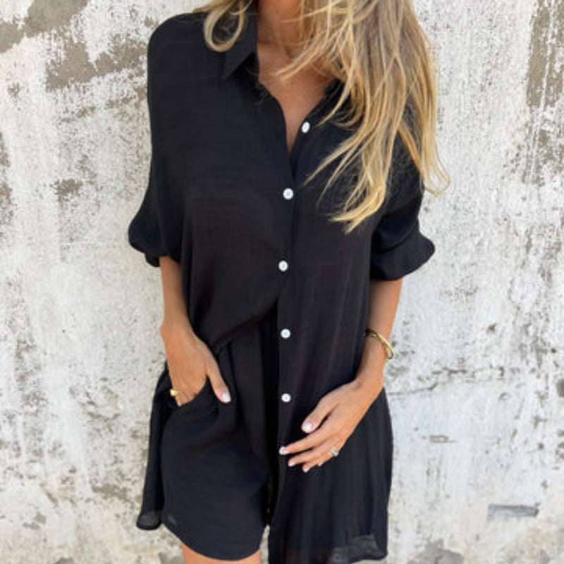 ✨Long Sleeve Shirt & Shorts Set: Women's Casual 2-Piece, Soft Fabric for All-Day Wear